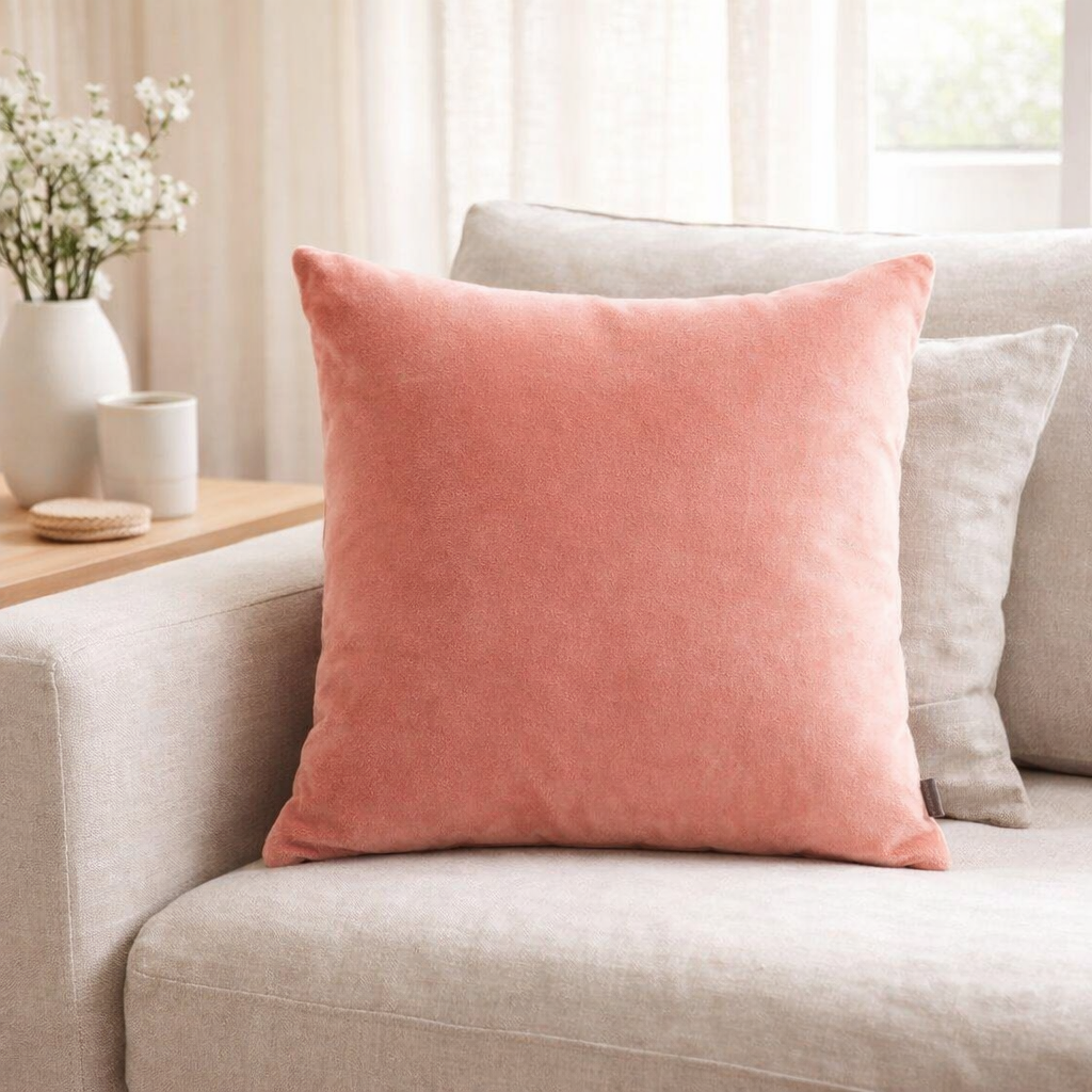 Coussin uni Elise Pêche 45 x 45 en situation