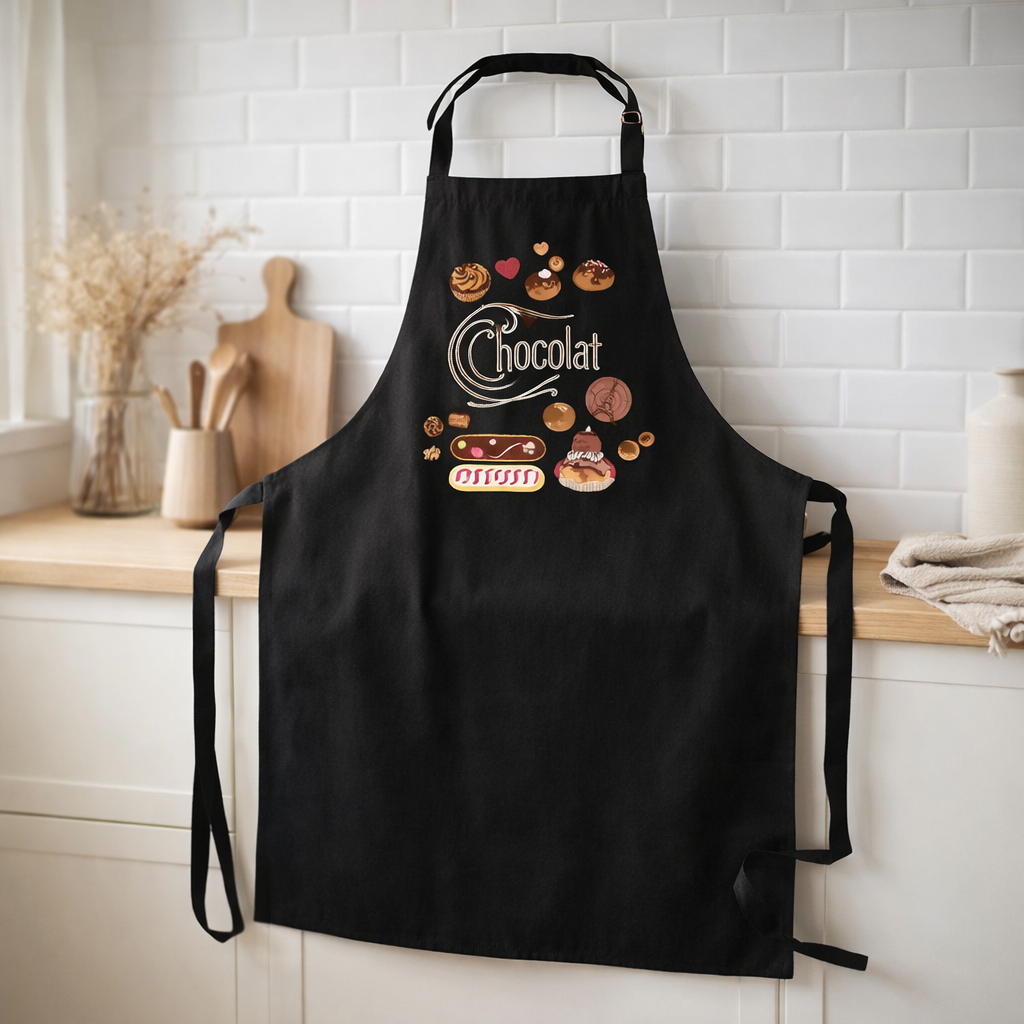 Tablier de cuisine sans poche Éclairs recyclé Noir 72 x 90 en situation