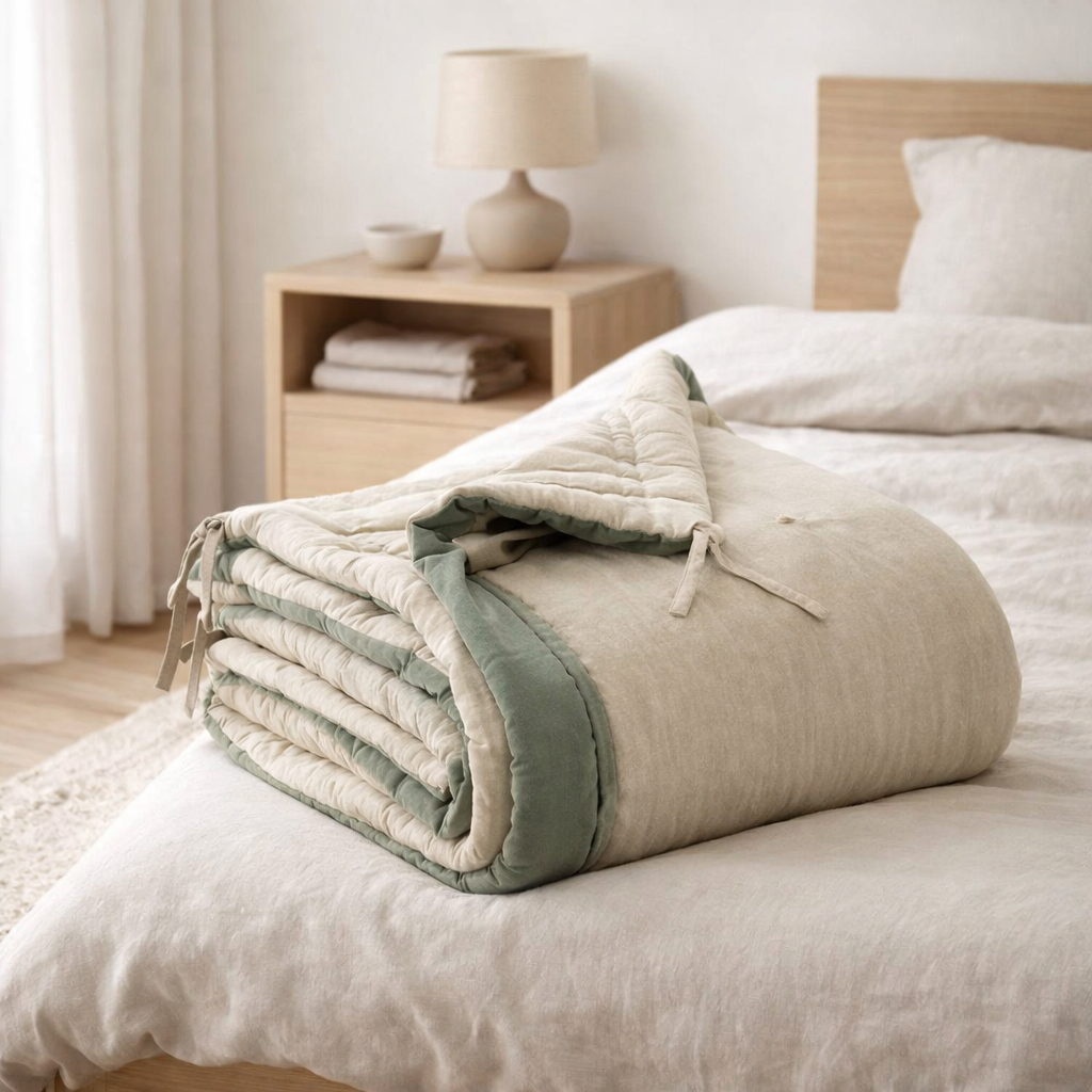 Edredon Elise Chambray Verveine 80 x 180 en situation