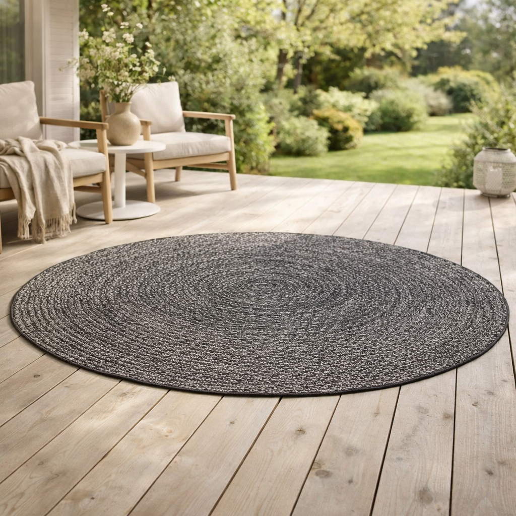 Tapis Malia 2 outdoor Tonnerre diamčtre 160 cm en situation