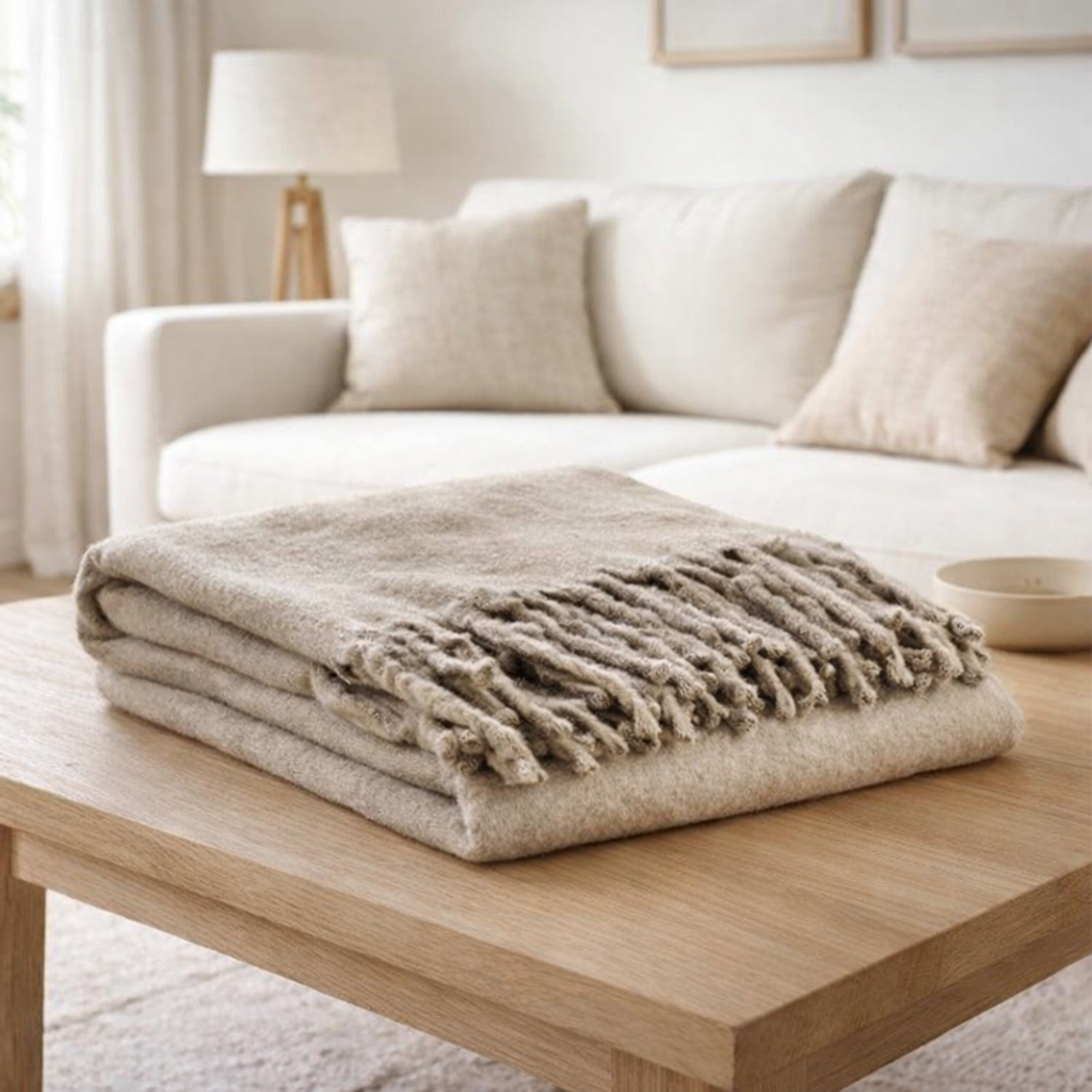 Plaid recyclé Isabel uni Nuage 130 x 160 en situation