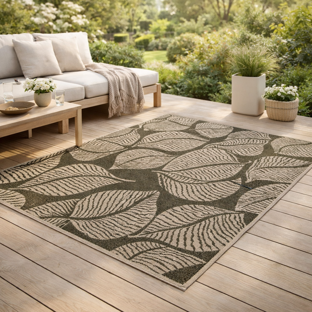 Tapis recyclé Flora outdoor Eucalyptus 160 x 230 en situation