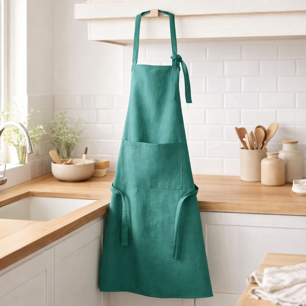 Tablier de cuisine recyclé Ada Paon 72 x 85 en situation