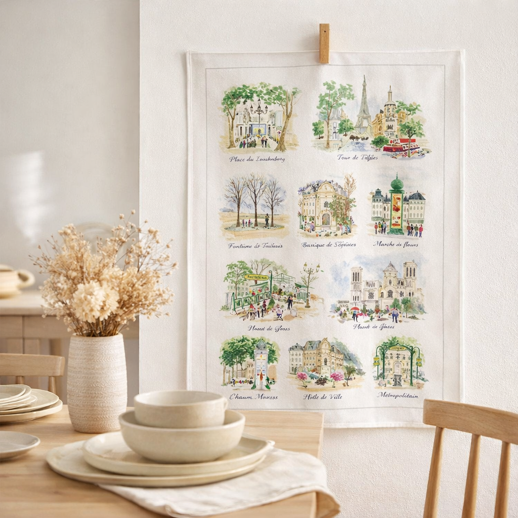 Torchon Paris scénettes Blanc 48 x 72 en situation