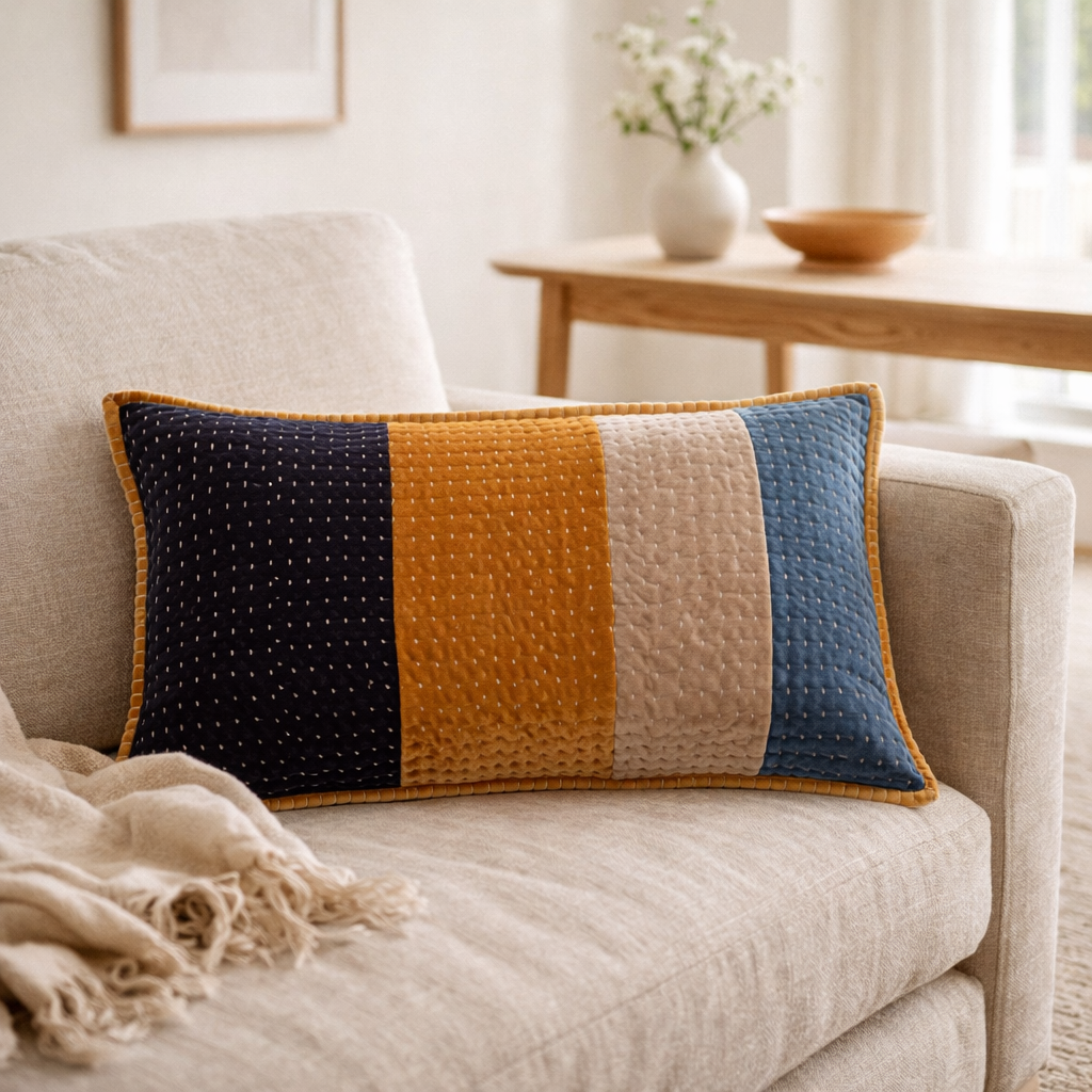 Coussin Elise patchs Cobalt 40 x 65 en situation