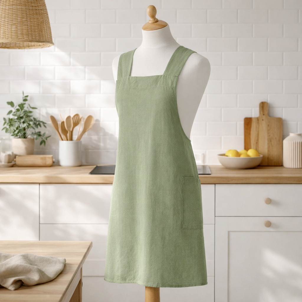 Tablier de cuisine japonais recyclé Haru Matcha 78 x 100 en situation