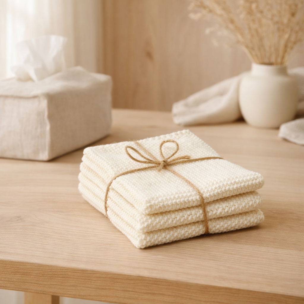 Lot de 3 essuie-mains tricotés Izan recyclés Ecru 25 x 25 en situation