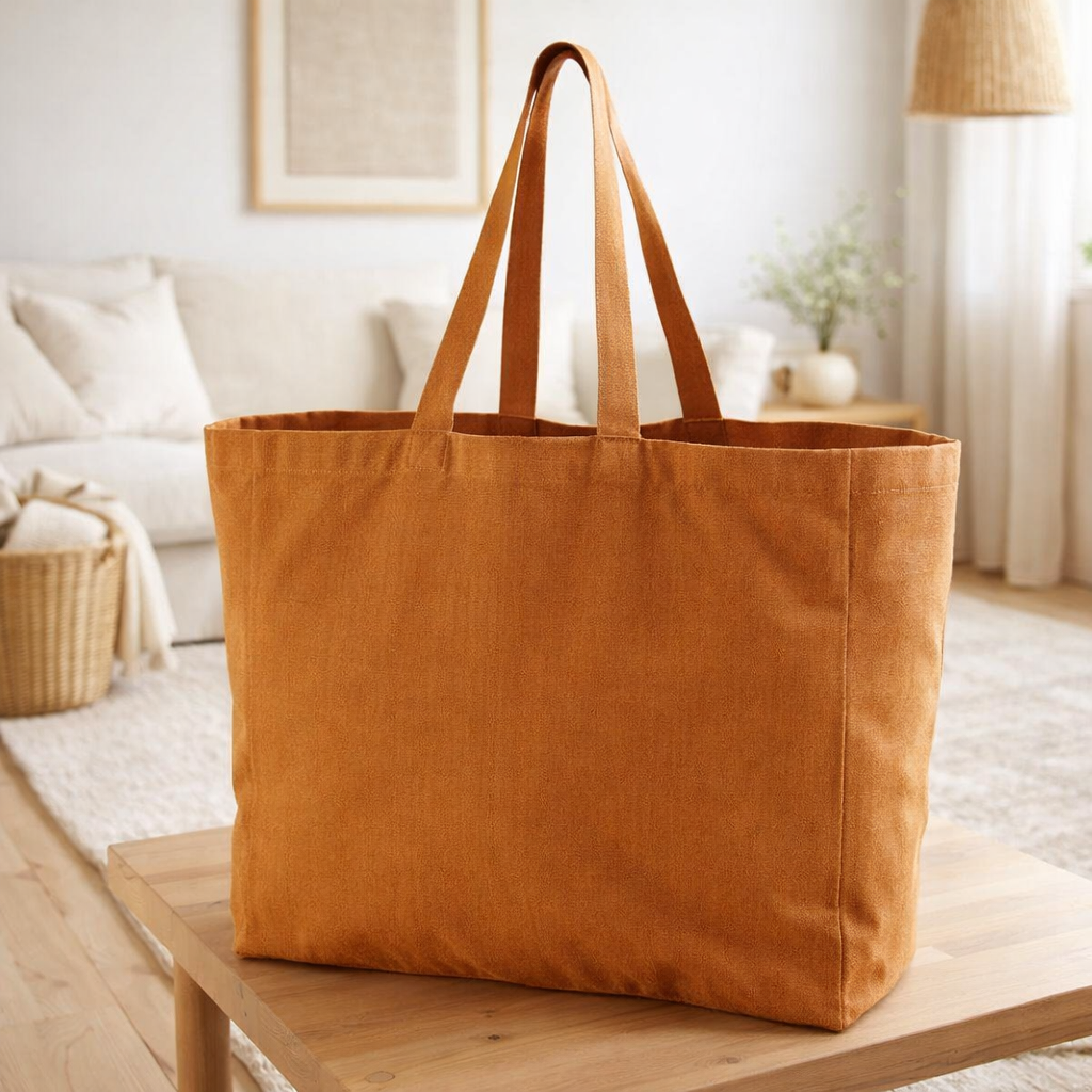 Sac shopping recyclé Grace Caramel 35 x 40 x 15 en situation
