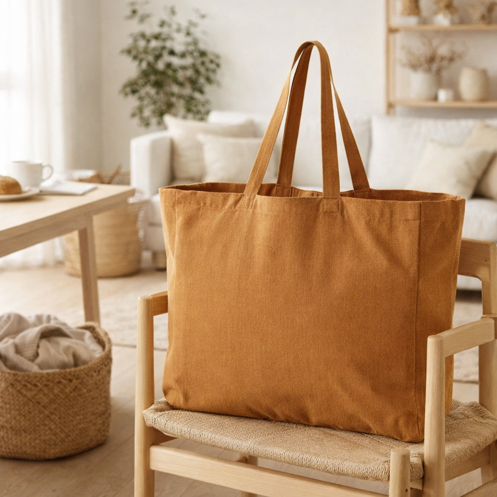 Sac shopping recyclé Grace Caramel 35 x 40 x 15 en situation