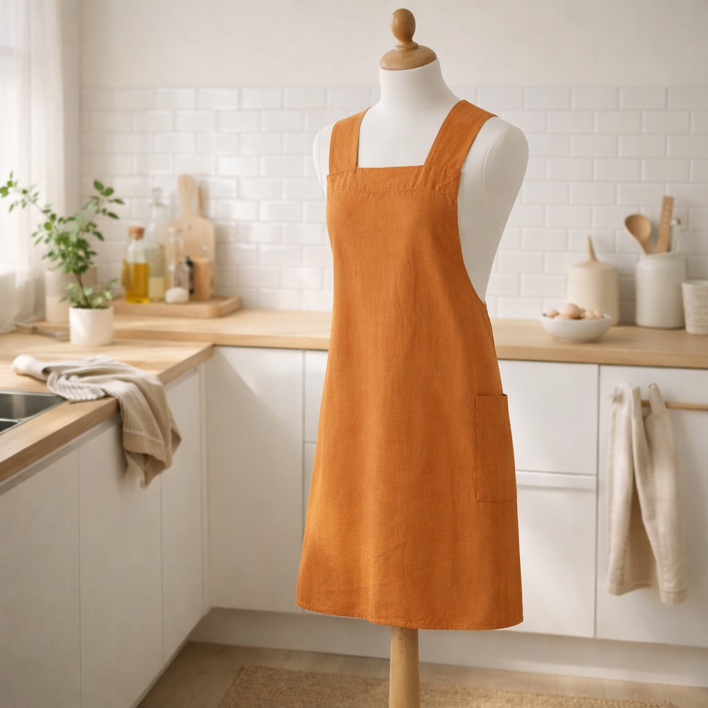 Tablier de cuisine japonais recyclé Haru Caramel 78 x 100 en situation