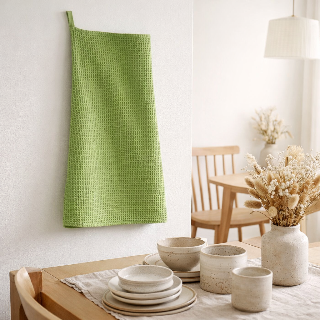 Torchon nid d'abeilles uni Mumba Prairie 50 x 70 en situation