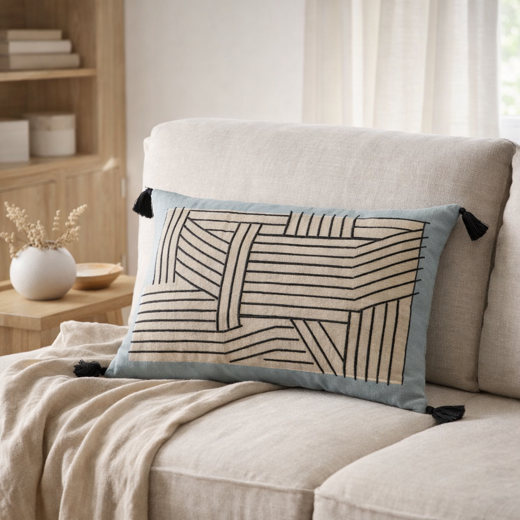 Coussin brodé Kori Ciel 40 x 65 en situation