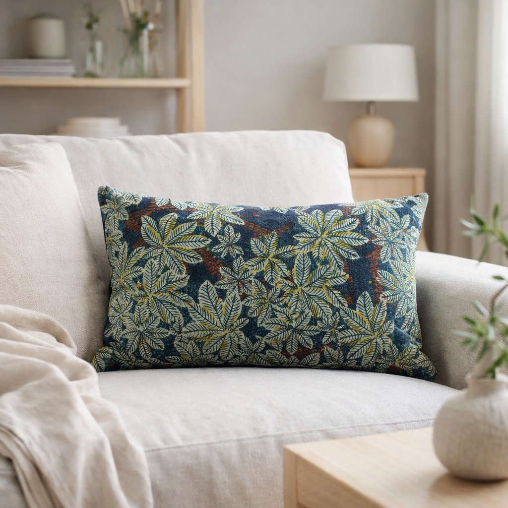 Coussin imprimé Ariane Pétrole 30 x 50 en situation