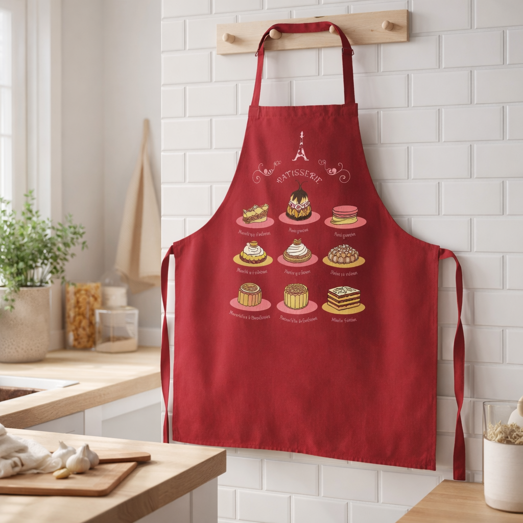 Tablier de cuisine sans poche French Pâtisserie recyclé Rouge 72 x 90 en situation