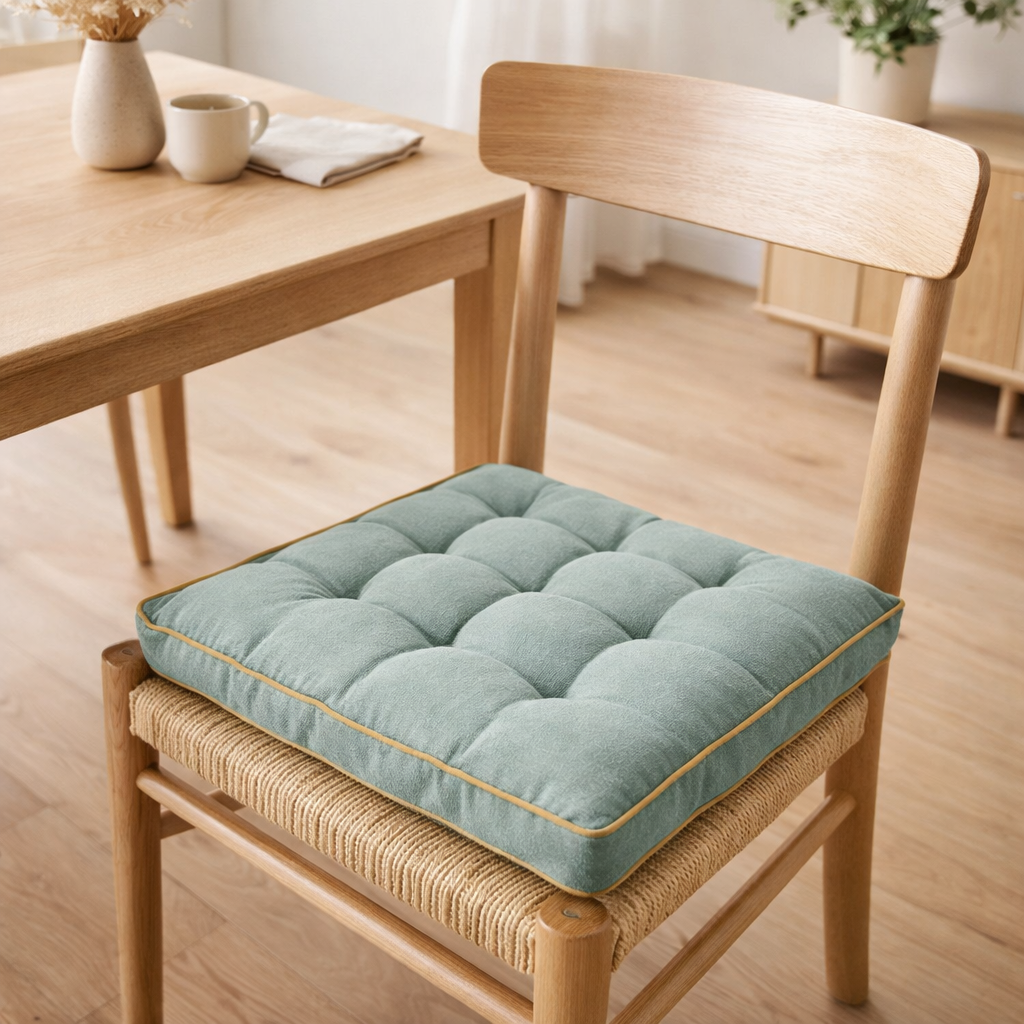 Galette de chaise Grace recyclée Aqua 40 x 40 x 3 cm en situation