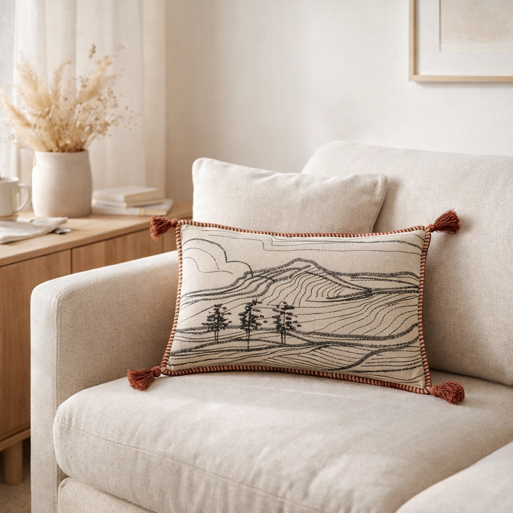 Coussin brodé Dusko Sienne 30 x 50 en situation