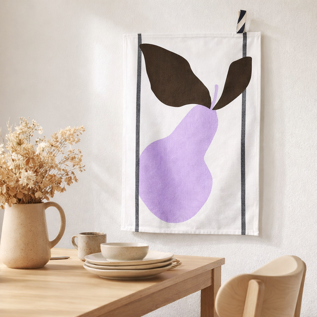 Torchon Poire Lilas Blanc 50 x 70 en situation