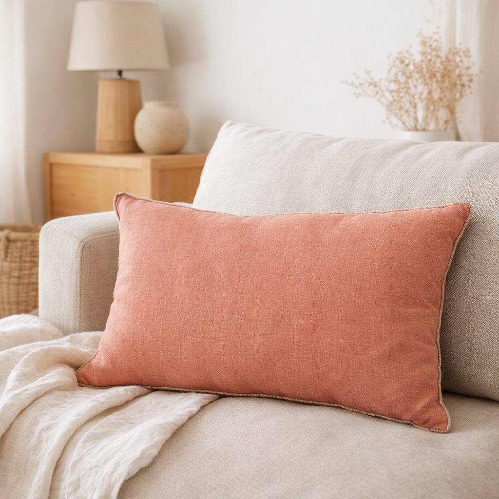 Coussin Zeff Céleste Pêche 40 x 65 en situation