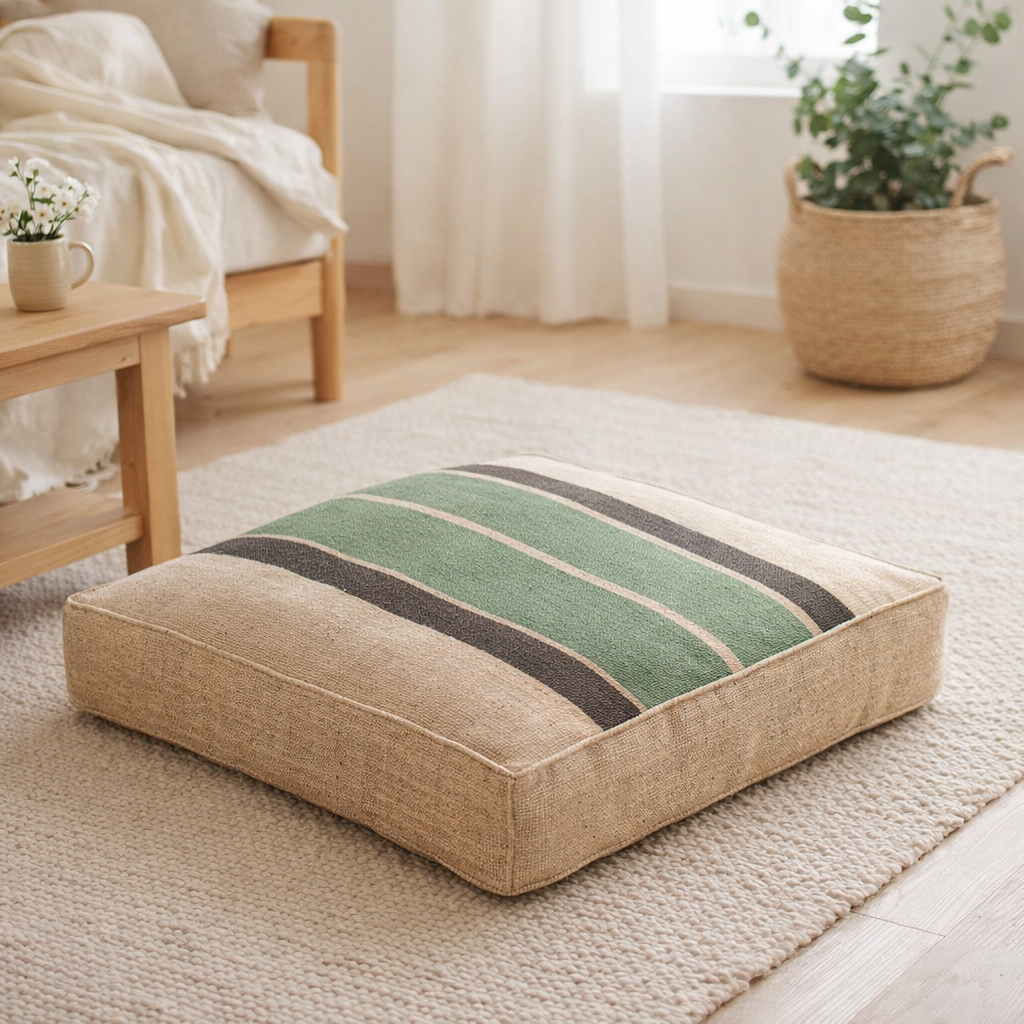Coussin de sol Gatsby Eucalyptus 55 x 55 x 10 cm en situation