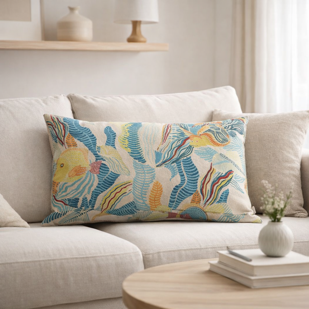 Coussin imprimé Dori Lagon 40 x 65 en situation