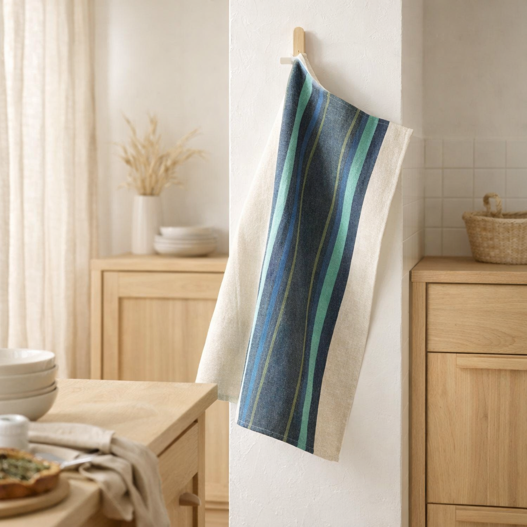 Torchon recyclé Yuna Marine/naturel 50 x 70 en situation