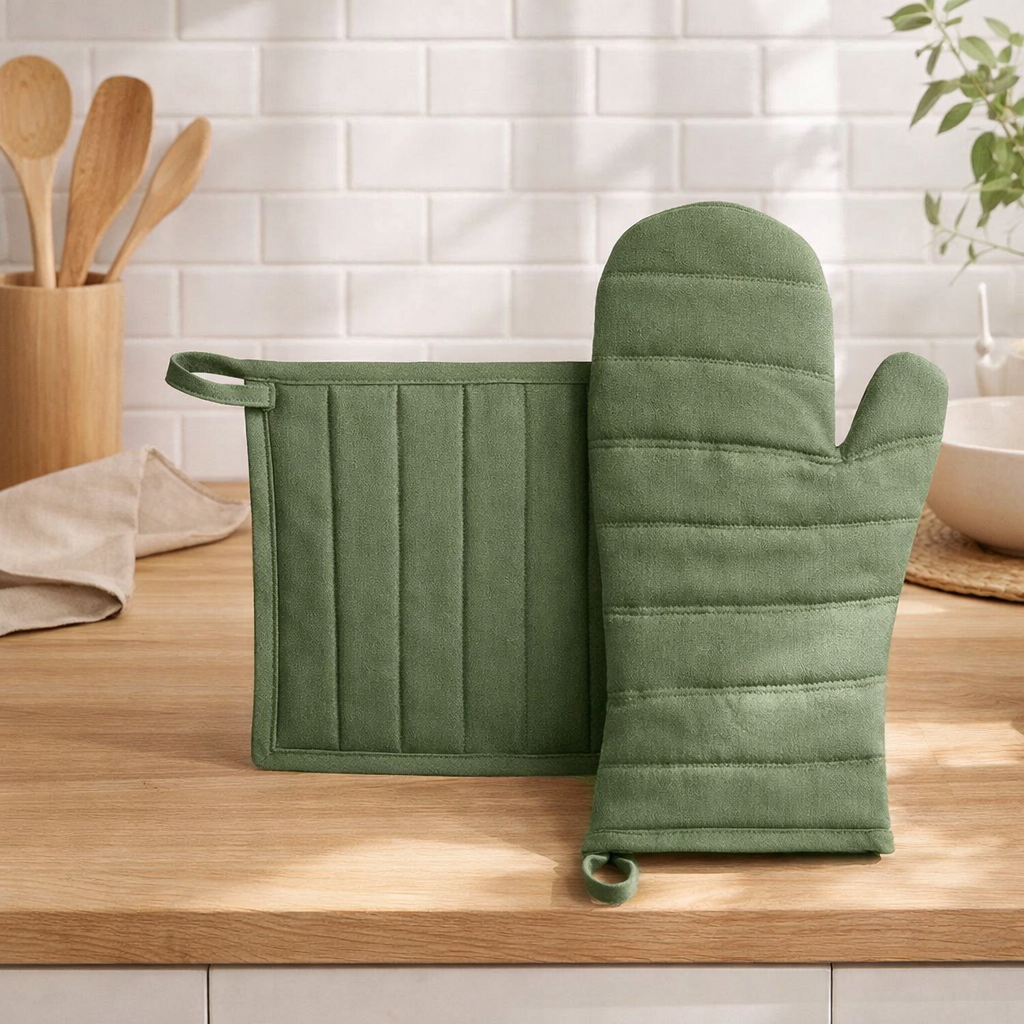 Lot gant de cuisine et manique recyclé Jona Prairie 15 x 30 en situation