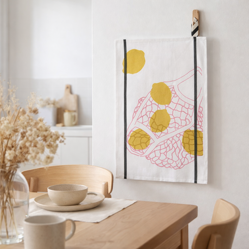 Torchon filet Citron Jaune Blanc 50 x 70 en situation