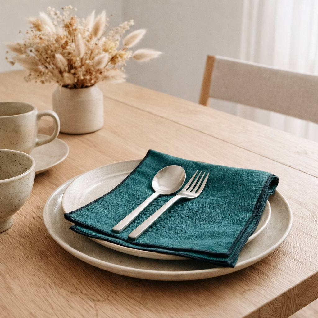 Serviette de table recyclée Grace Paon 40 x 40 en situation