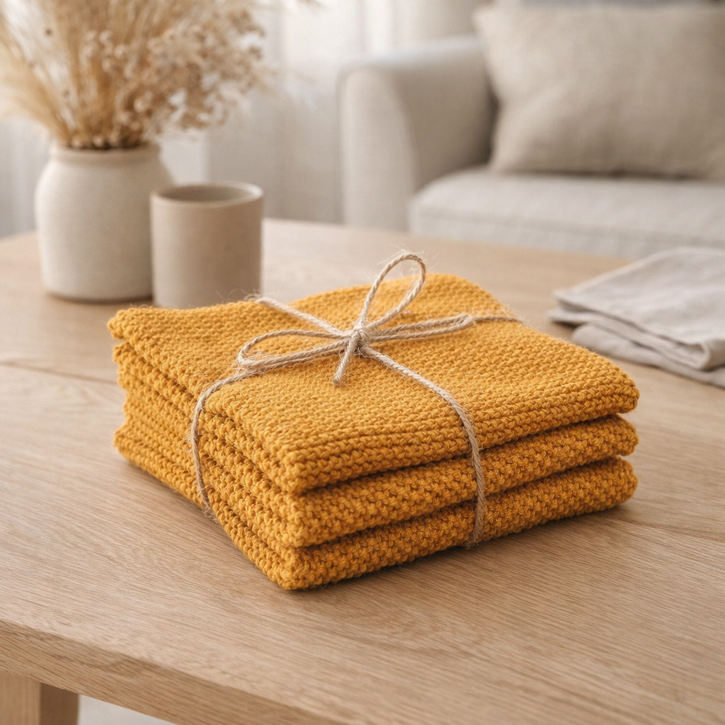 Lot de 3 essuie-mains tricotés Izan recyclés Tournesol 25 x 25 en situation