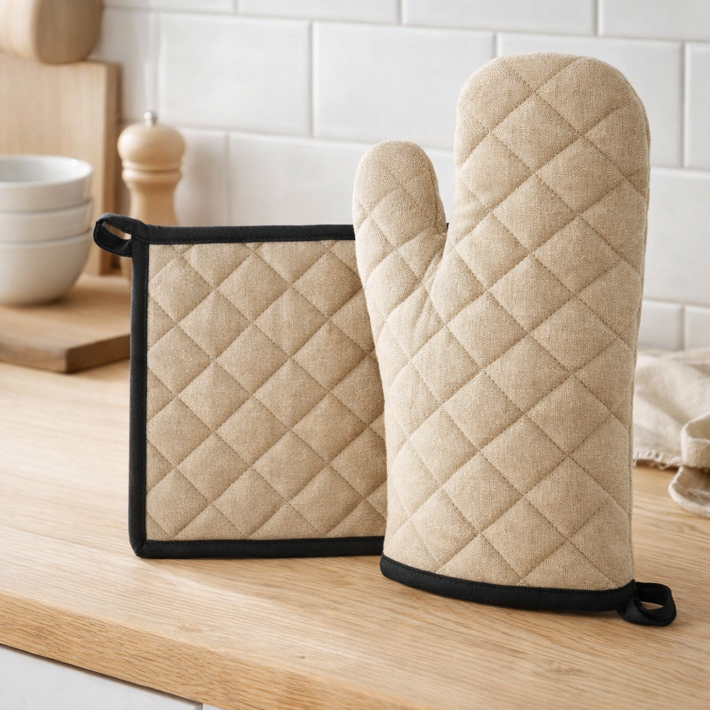 Lot gant de cuisine/manique recyclé Grace Camel 15 x 32 en situation