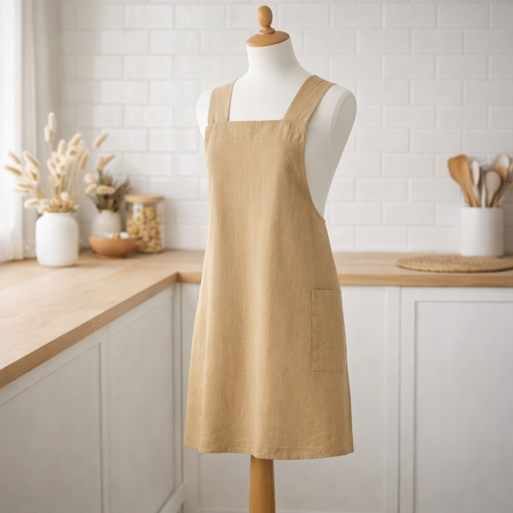 Tablier de cuisine japonais recyclé Haru Camel 78 x 100 en situation