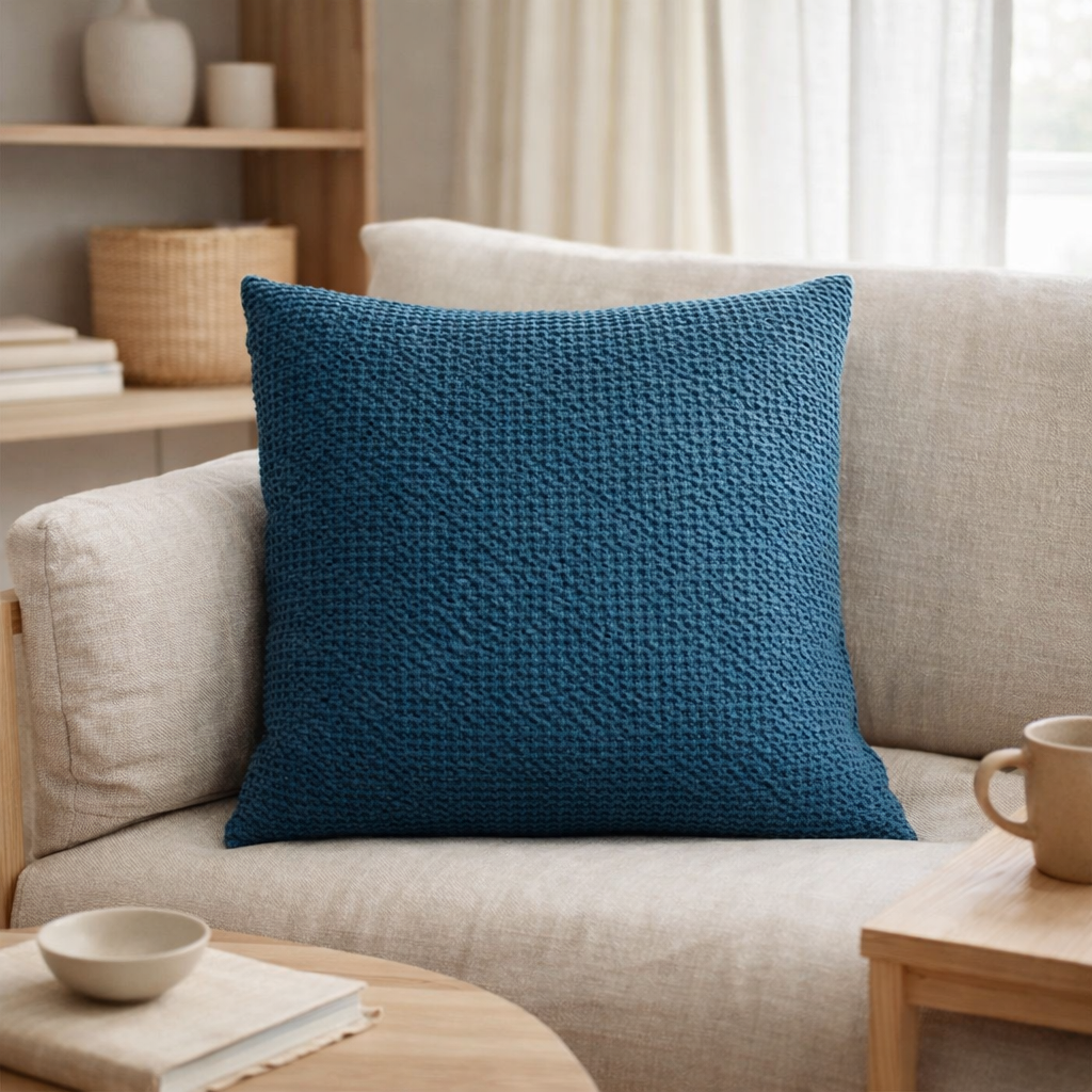 Coussin recyclé Maia Indigo 45 x 45 en situation