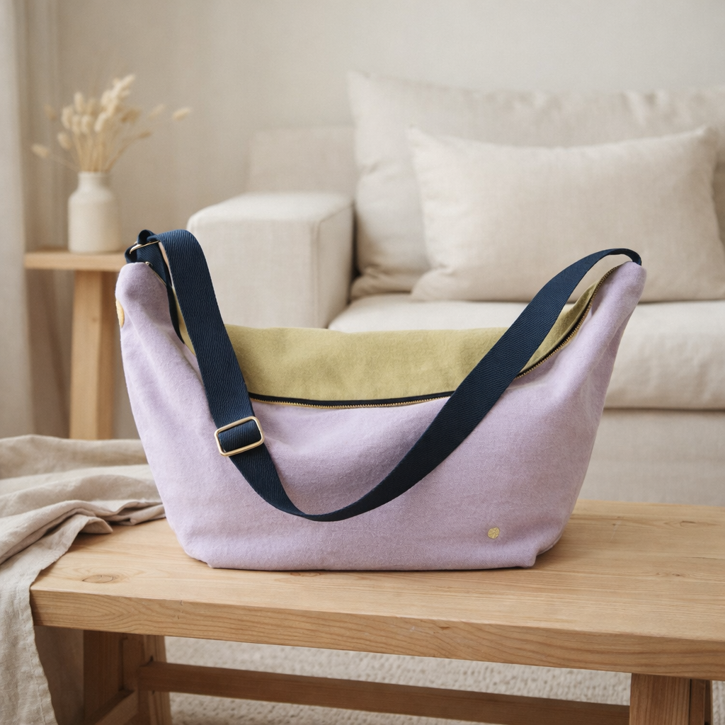 Sac demi-lune Tricolo Lilas ananas 53 x 28 x 12 en situation