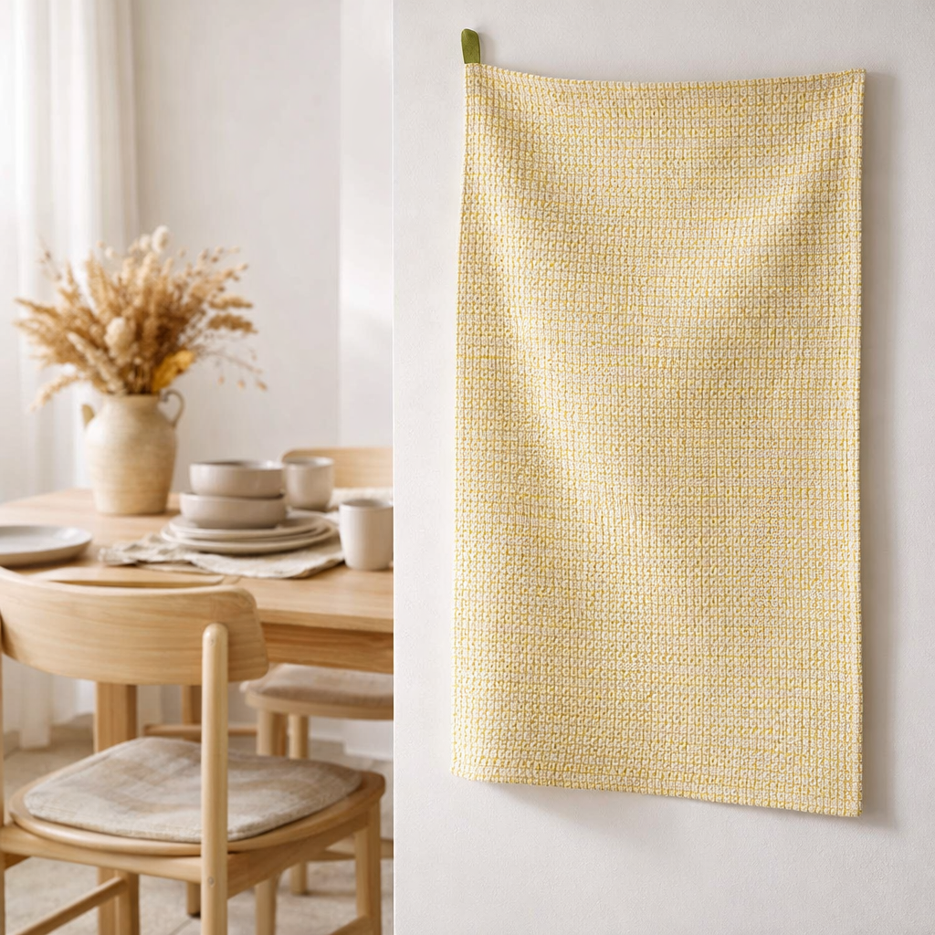 Torchon nid d'abeilles bicolore Mumba Bergamote naturel 50 x 70 en situation