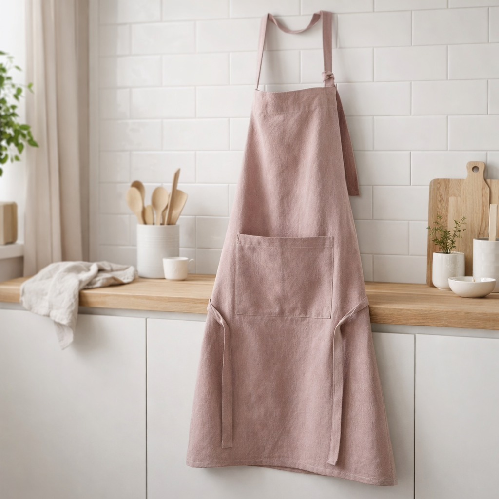 Tablier de cuisine recyclé Ada Parme 72 x 85 en situation