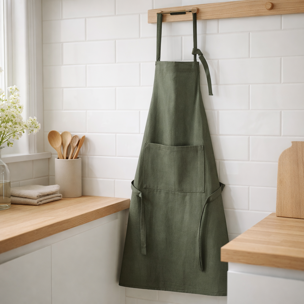 Tablier de cuisine recyclé Ada Forêt 72 x 85 en situation