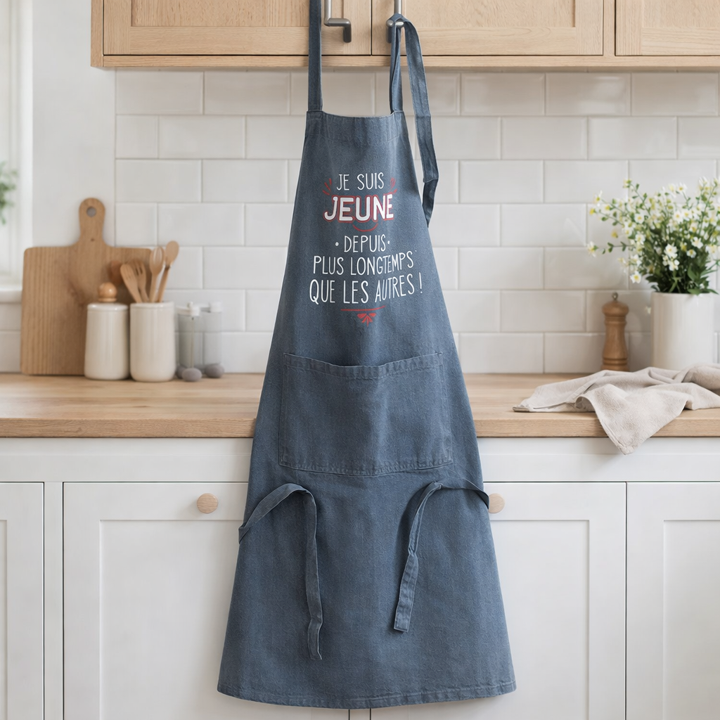 Tablier de cuisine Je suis jeune Jeans 72 x 90 en situation