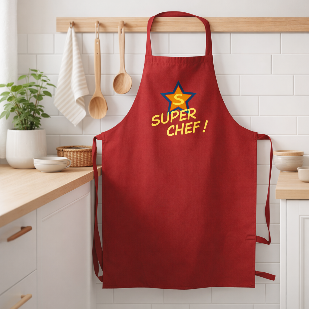 Tablier de cuisine adulte sans poche Super Chef recyclé Rouge 72 x 90 en situation
