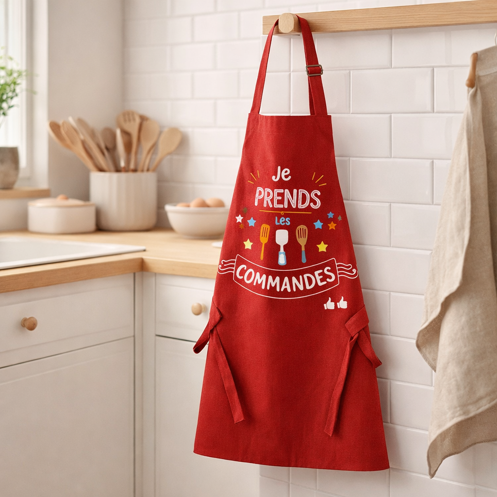 Tablier de cuisine enfant Je prends les commandes Rouge 52 x 63 en situation