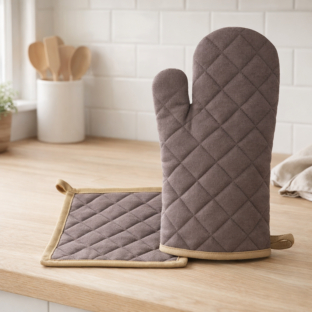 Lot gant de cuisine/manique recyclé Grace Café 15 x 32 en situation