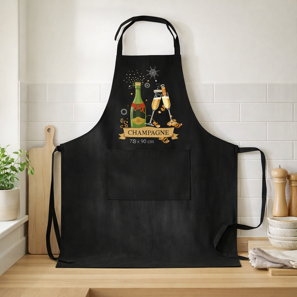 Tablier de cuisine Champagne recyclé Noir 72 x 90 en situation
