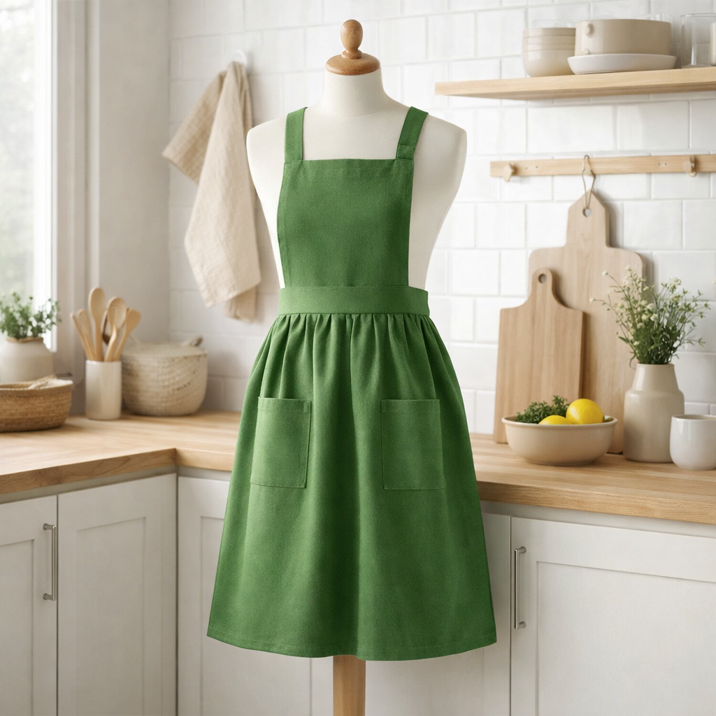 Tablier de cuisine recyclé Eva Vert 95 x 85 en situation