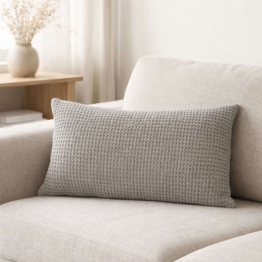 Coussin recyclé Maia Tourterelle 30 x 50 en situation