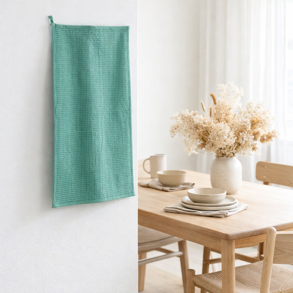 Torchon nid d'abeilles uni Mumba Menthe 50 x 70 en situation