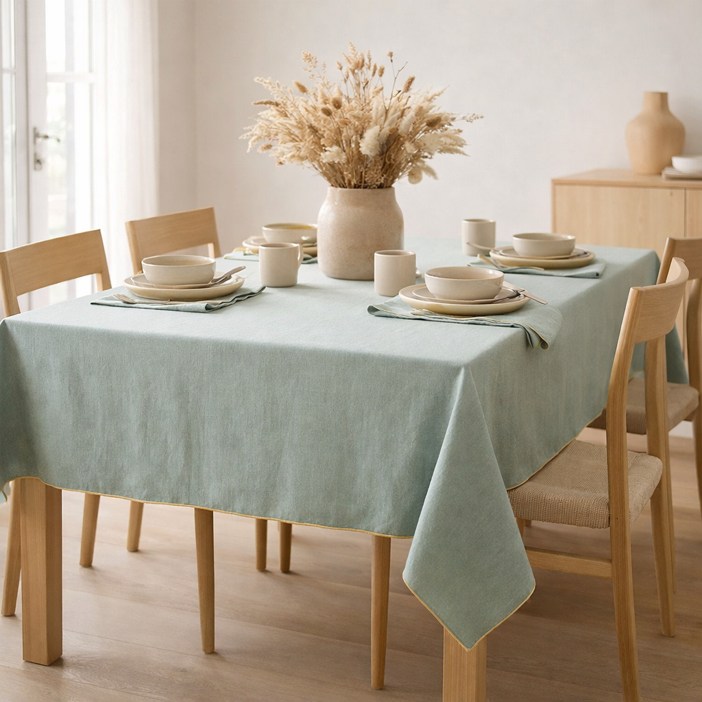 Nappe recyclée Grace Aqua 140 x 140 en situation