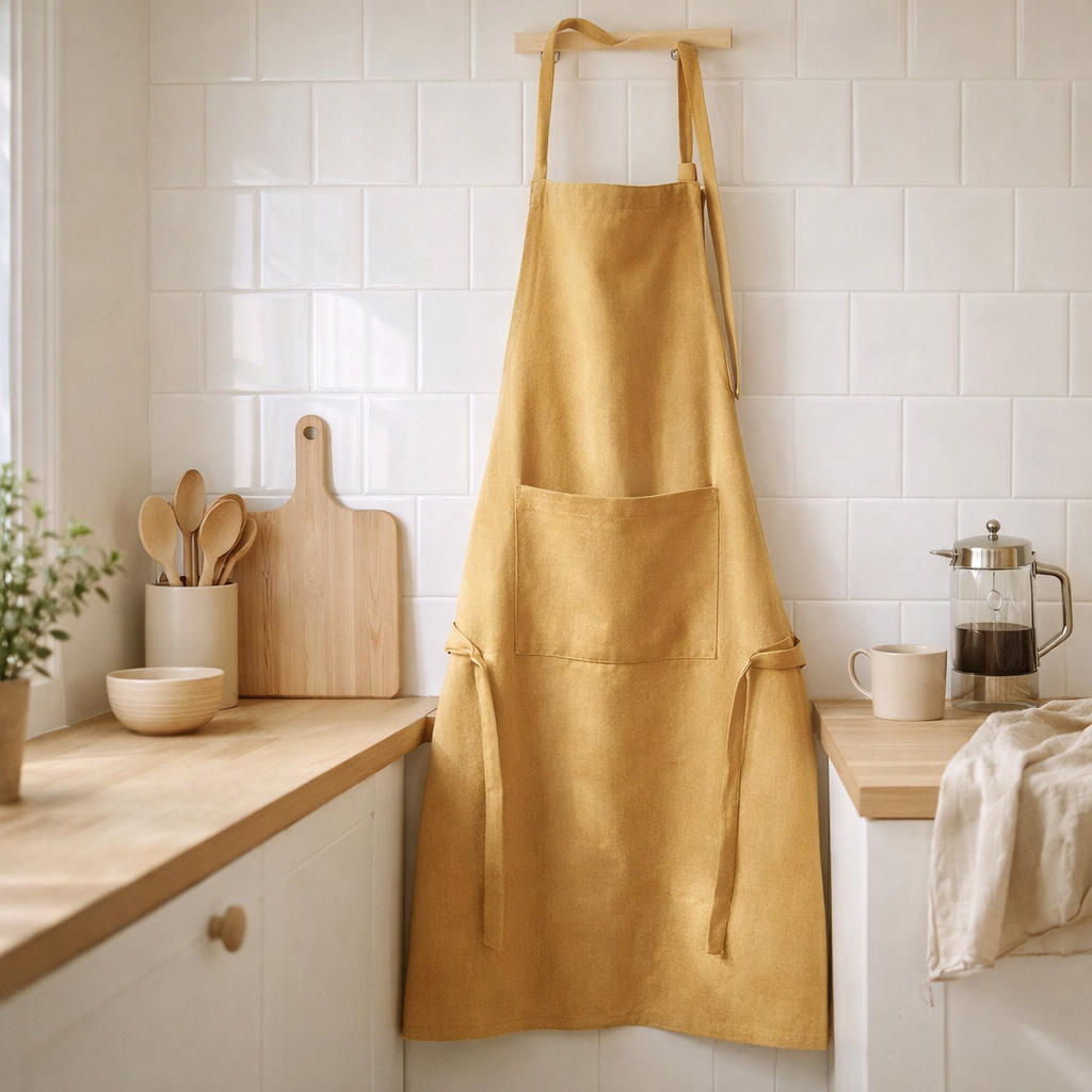 Tablier de cuisine recyclé Ada Cannelle 72 x 85 en situation
