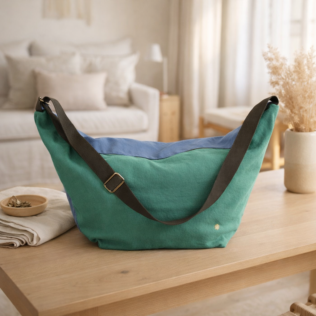 Sac demi-lune Tricolo Détox bluetiful 53 x 28 x 12 en situation
