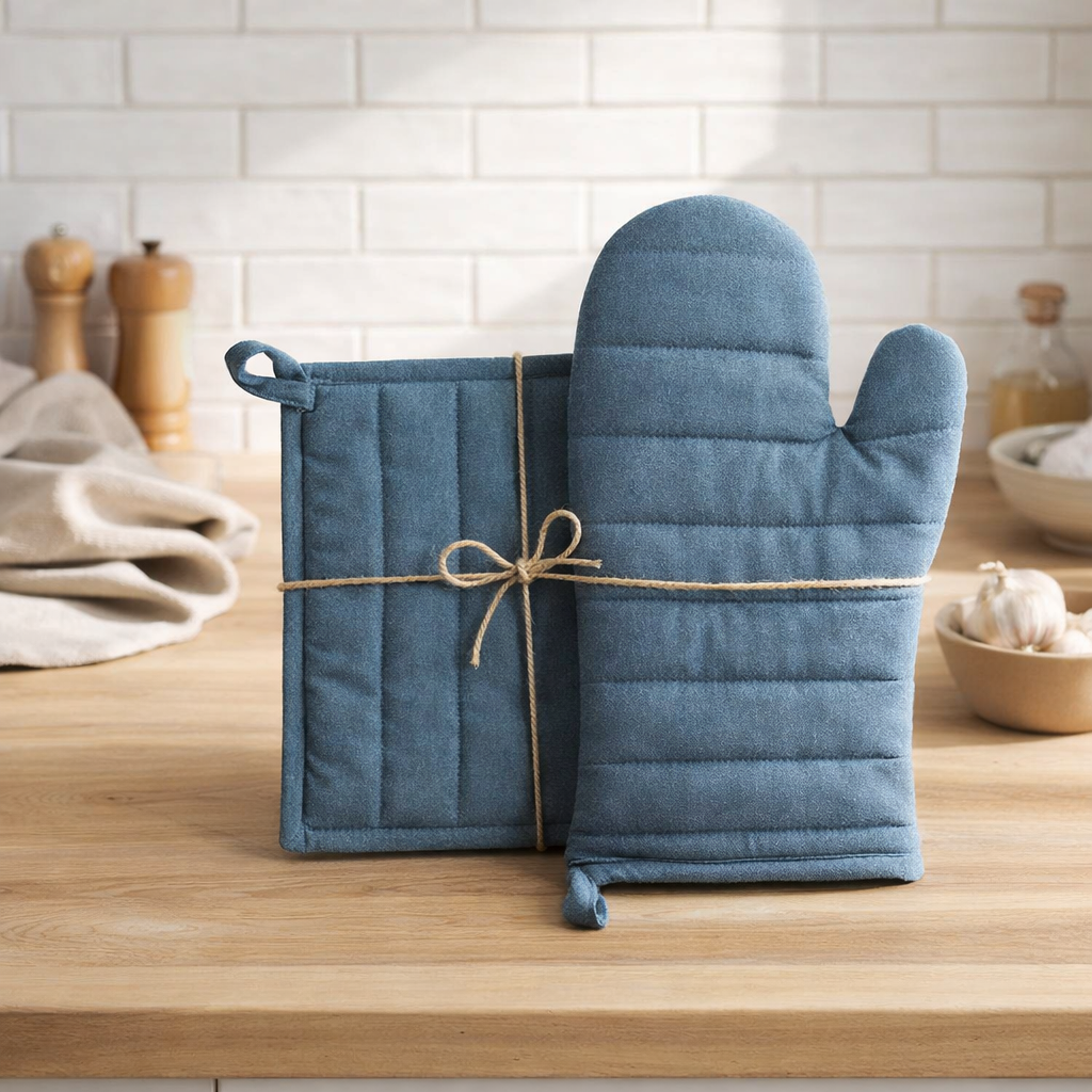 Lot gant de cuisine et manique recyclé Jona Alizée 15 x 30 en situation