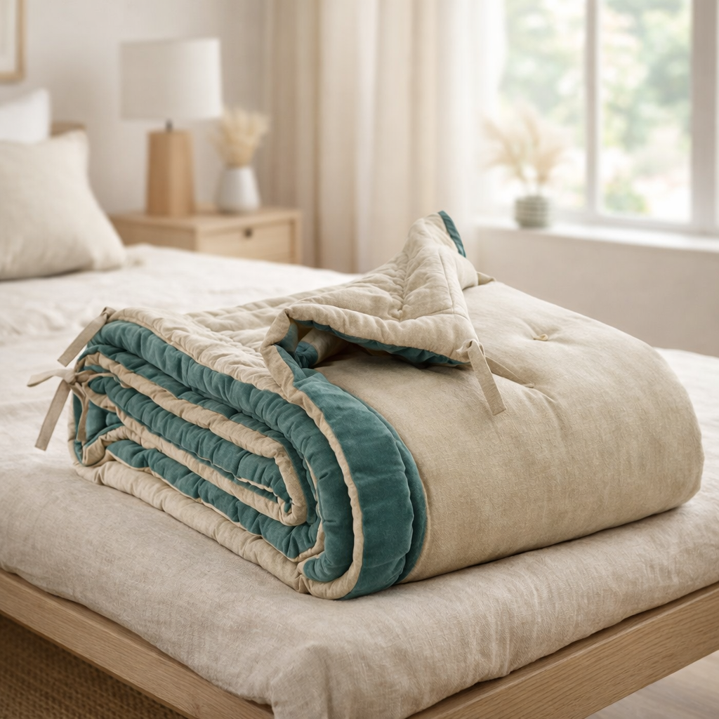 Edredon Elise Chambray Vert de Gris 80 x 180 en situation