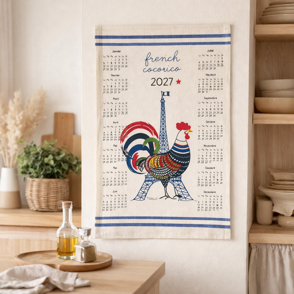 Torchon Calendrier recyclé French Cocorico 2027 Ecru 50 x 70 en situation
